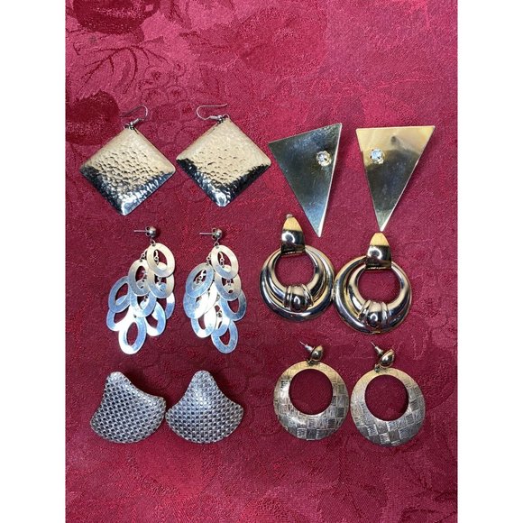Vtg 1980's Retro Large Earrings Gold & Silver Tone Geometric Dangle Pierced Lot - Picture 1 of 13